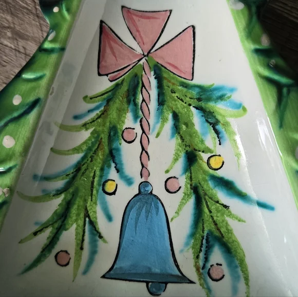 Vintage Japan Ceramic Christmas Tree Dish Blue Bell Pink Bow Hand Painted 10" - Picture 5 of 10